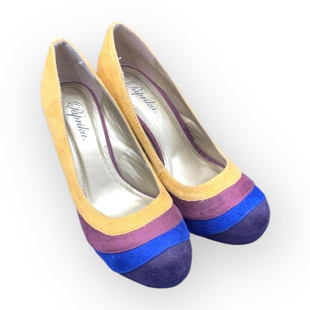 Colorblock Suede Platform Heels Multi-Tone Purple Blue Mustard Size 6M Retro